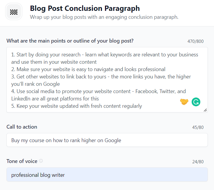 AI writing tool form for Blog Post Conclusion Paragraph
