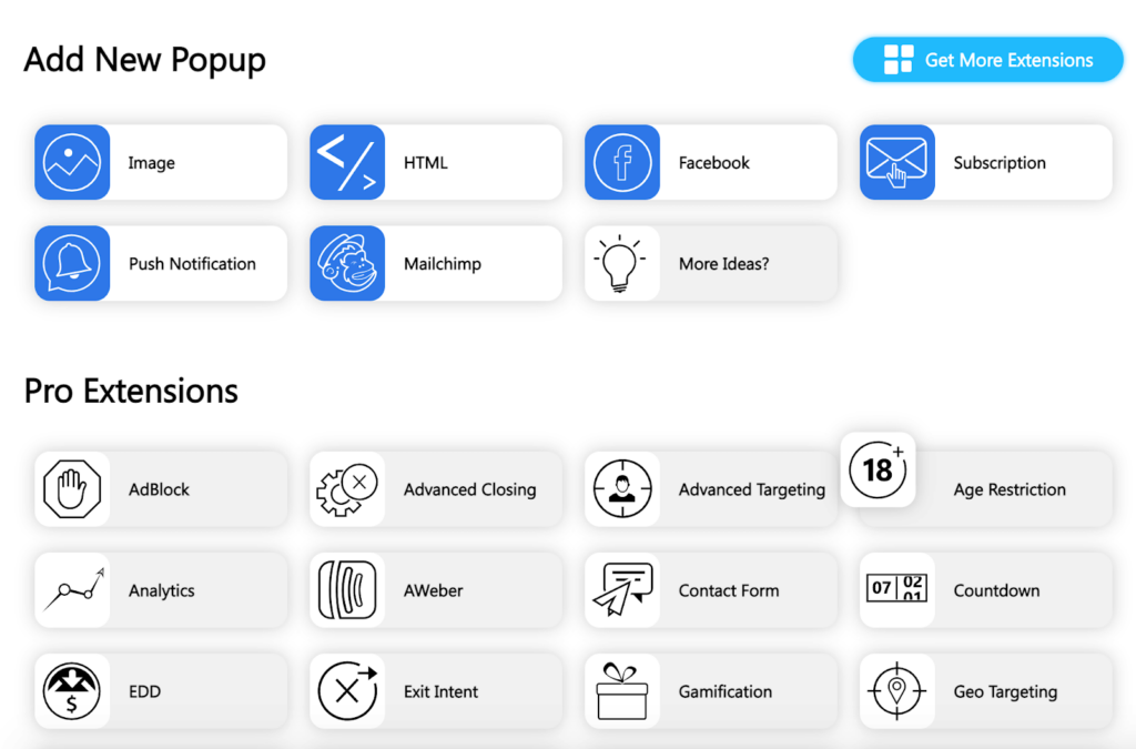 A dashboard of extension inside popup builder