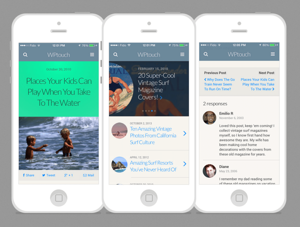 Three phones side by side show WordPress responsive page designs