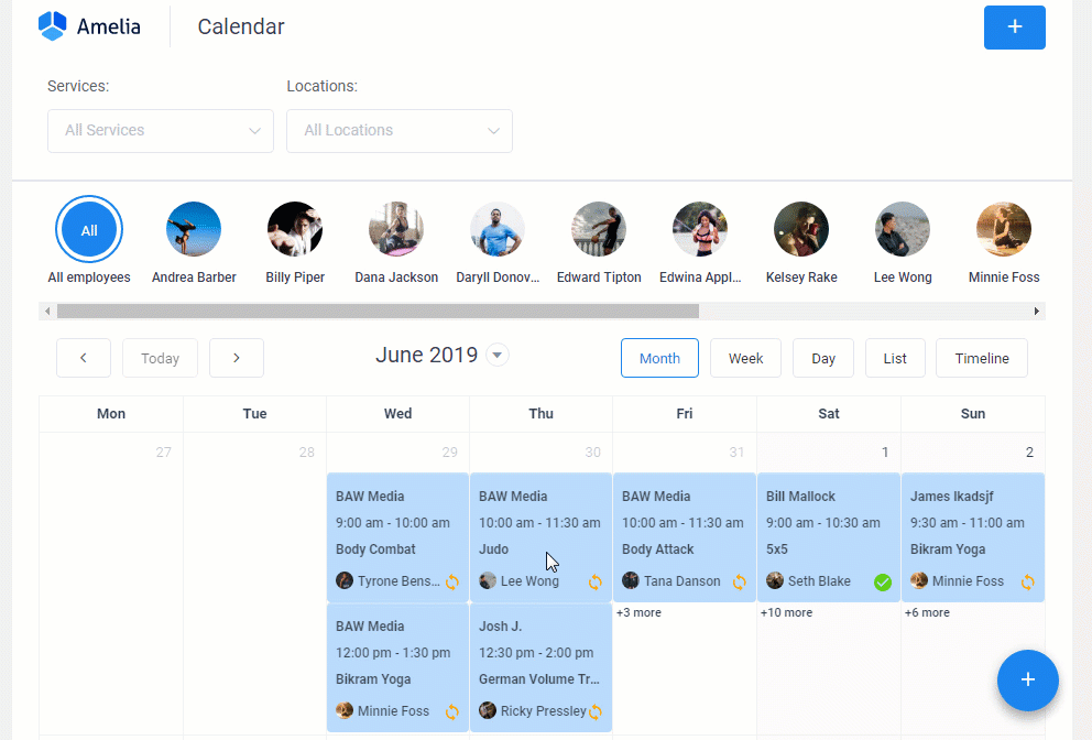 the backend view from Amelia booking calendar