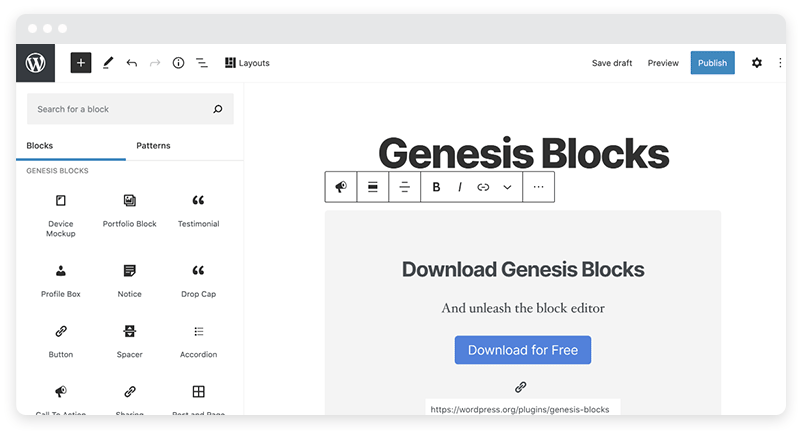 The WordPress dashboard view with Genesis Blocks plugin installed. 