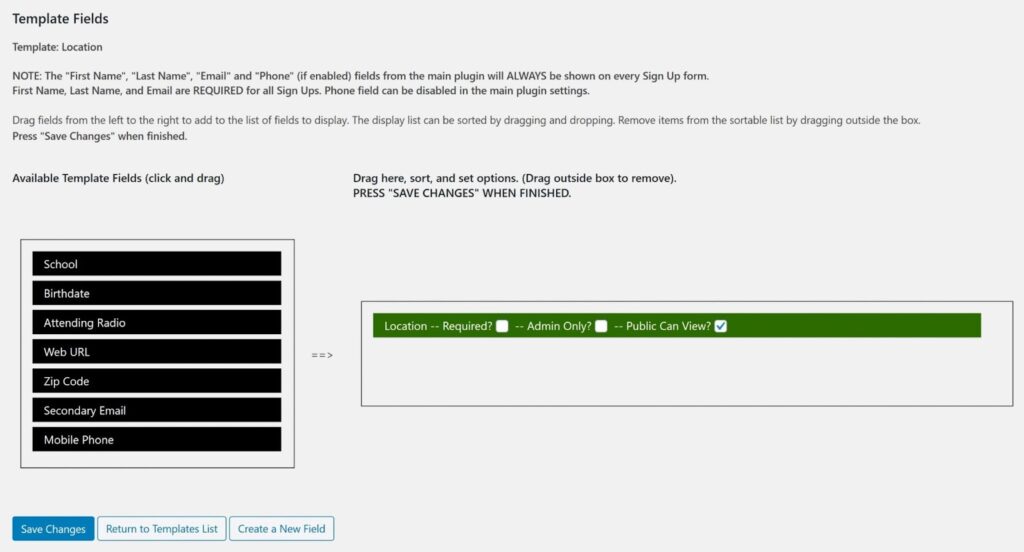 The template field settings in Volunteer Sign Up Sheets plugin