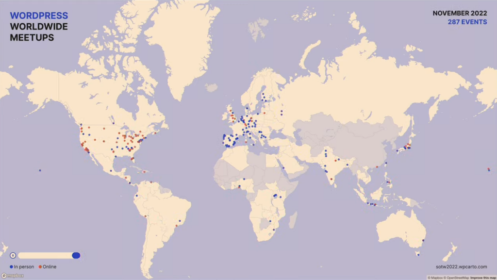 Map of the world with pinned locations of WordPress Meetups