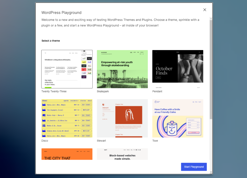 Screenshot of the WordPress Playground demo startup