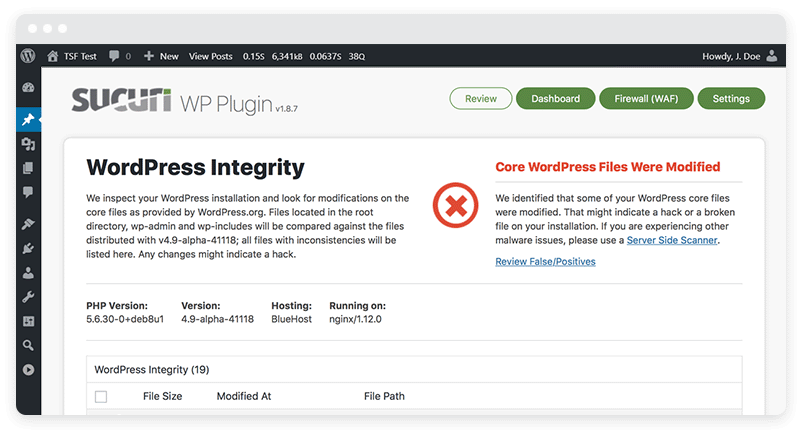 The Sucuri WP plugin dashboard