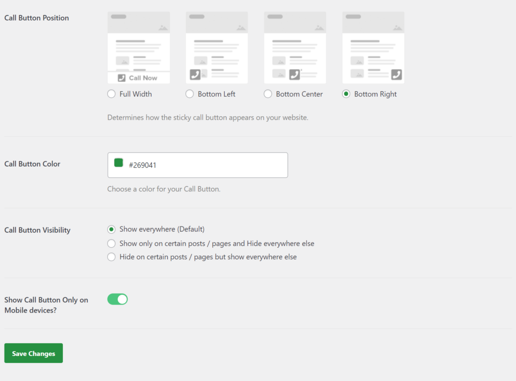 Call button design settings in WordPress