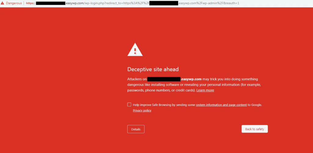 Example of the "Deceptive site ahead" warning from Google Chrome