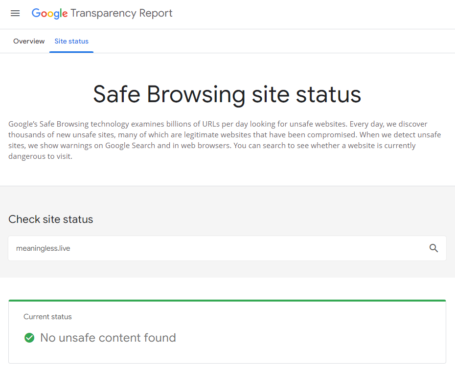 Screenshot of the Safe Browsing site status from Google. 