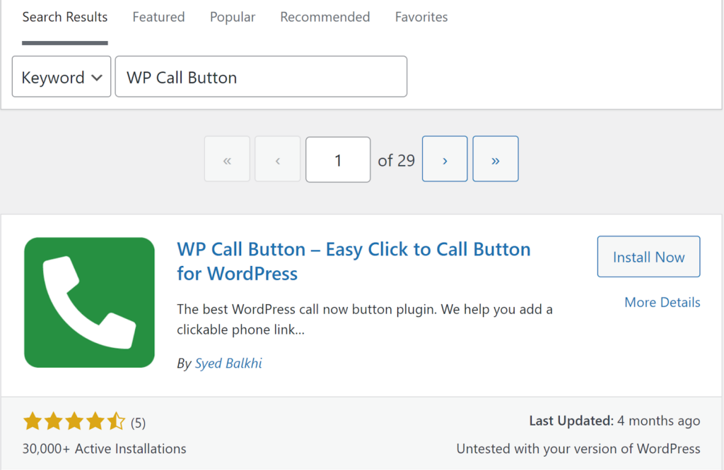 The WP Call Button plugin is shown in the WordPress library
