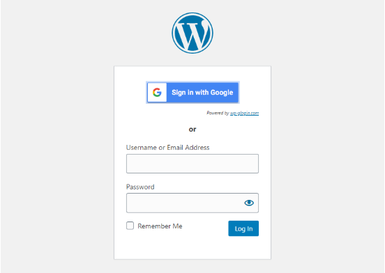The WordPress login screen shows the option to login with Google