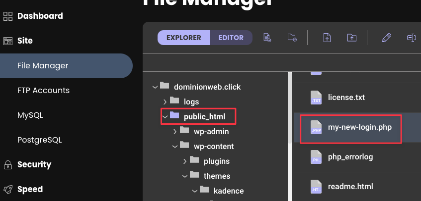 My New Login dot php is indicated in File Manager