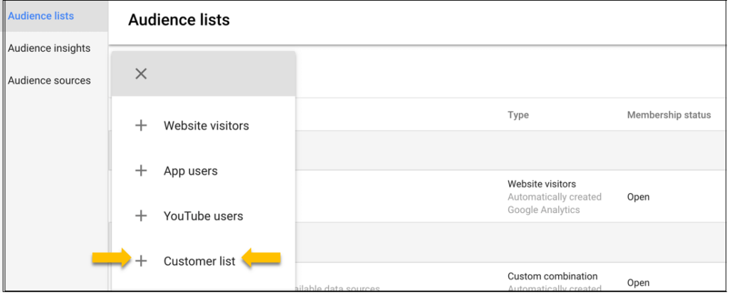 Yellow arrows point to Customer List in a dashboard