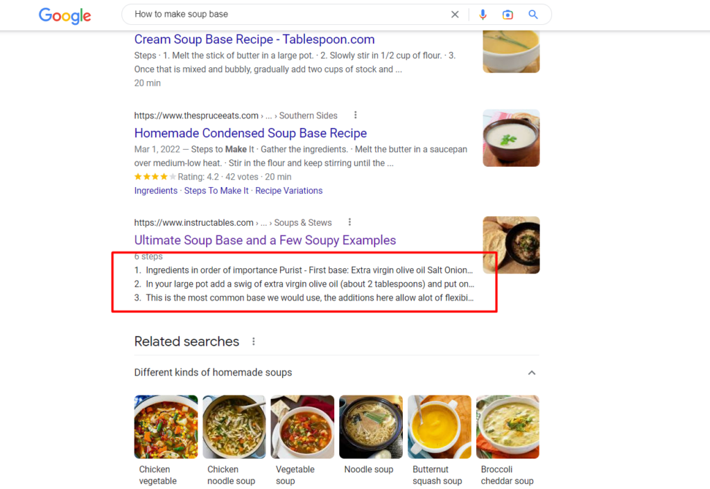 Recipe results on Google