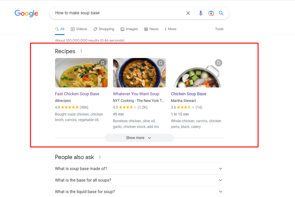 Recipe results with images on Google