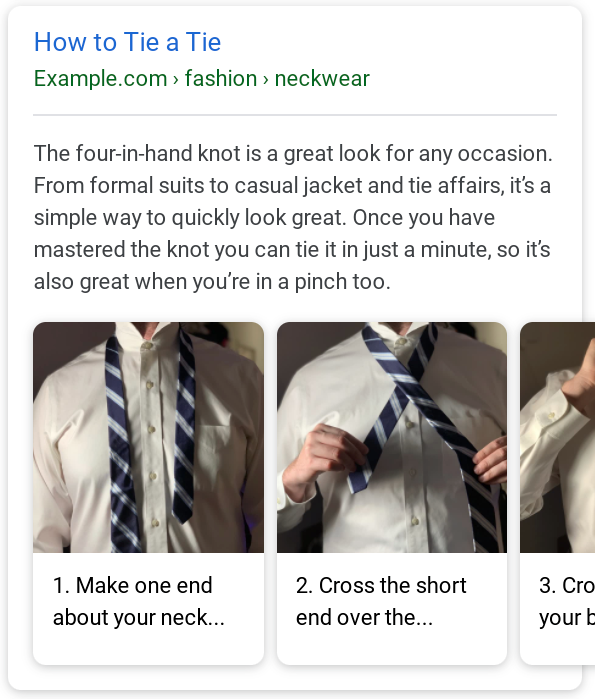 How to tie a tie Google results with schema markup