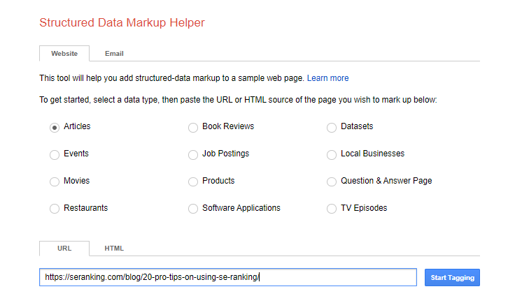 A form in the Structured Data Markup Helper