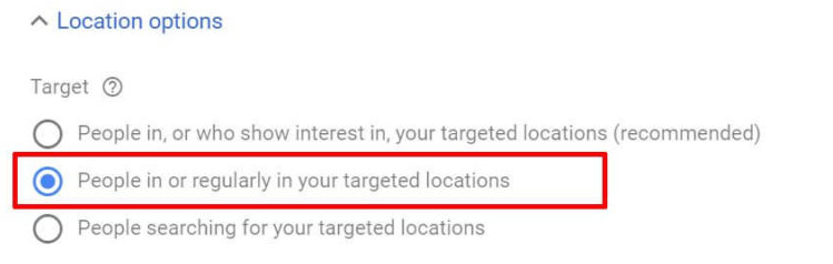 A red highlight points to choosing targeted locations. 