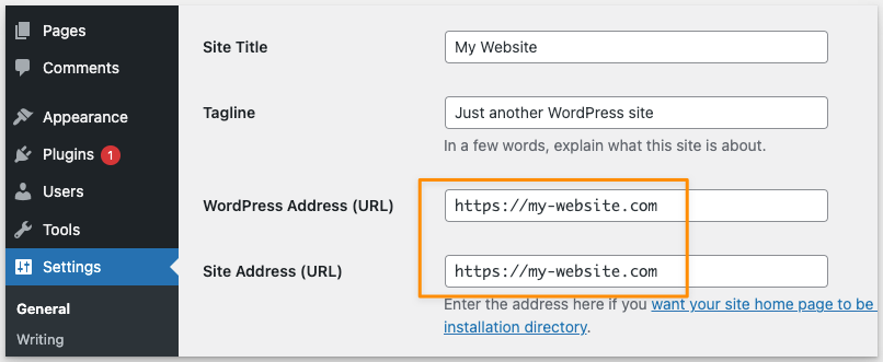 Site address settings in WordPress