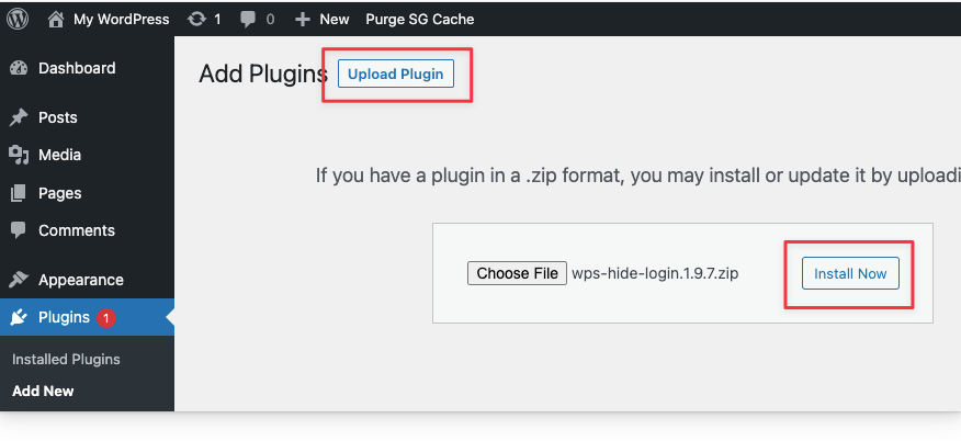 Install Now is indicated in red on the add plugin screen in WordPress