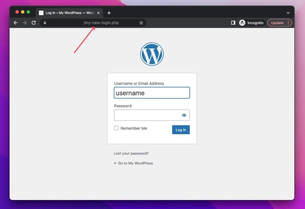 A new WordPress login URL is shown