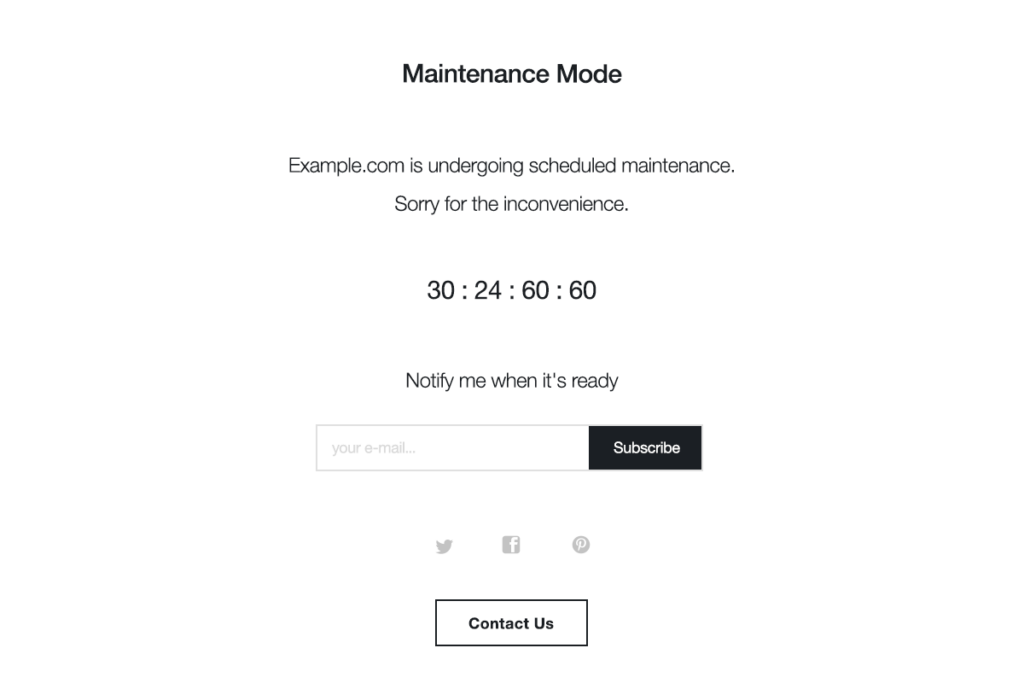 A basic maintenance mode screen with email field. 