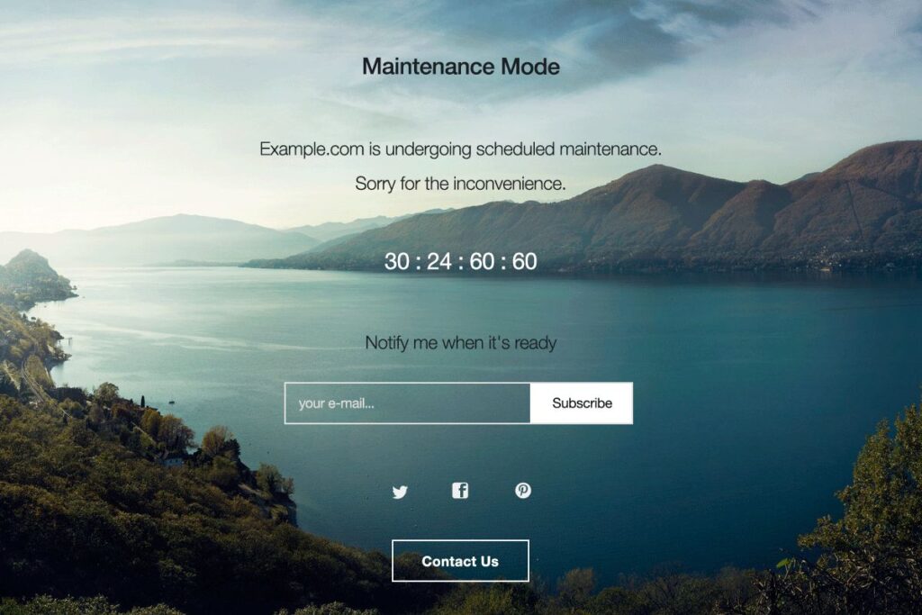 A maintenance mode screen with a countdown timer. 