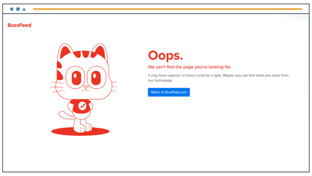 BuzzFeed's 404 error page with brand colors white and red