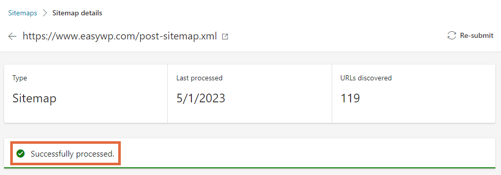 A successfully processed sitemap in Bing Webmaster Tools