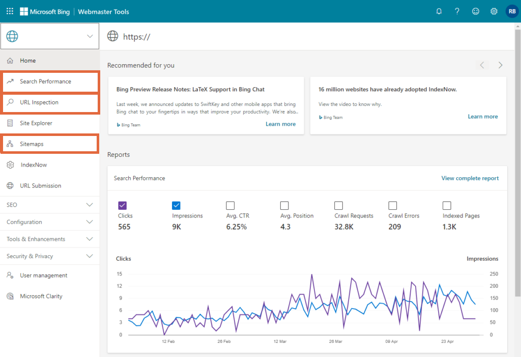 An overall view of the primary Bing Webmaster Tools dashboard.