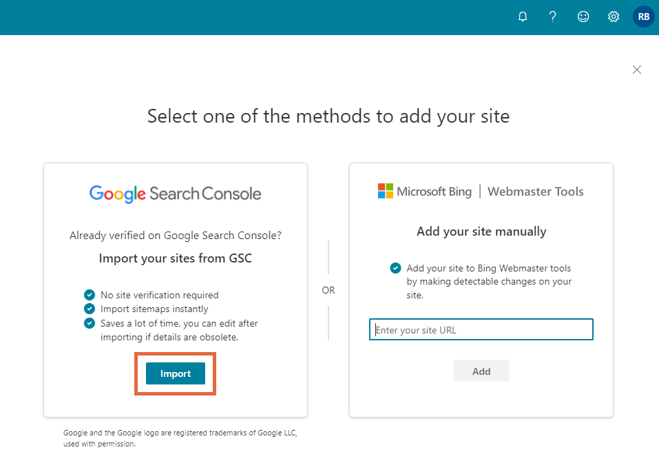 The site validation options in Bing Webmaster Tools. 