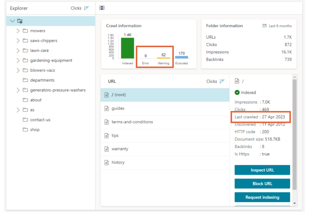 Crawl errors and other data from a Bing Webmaster Tools performance analysis.