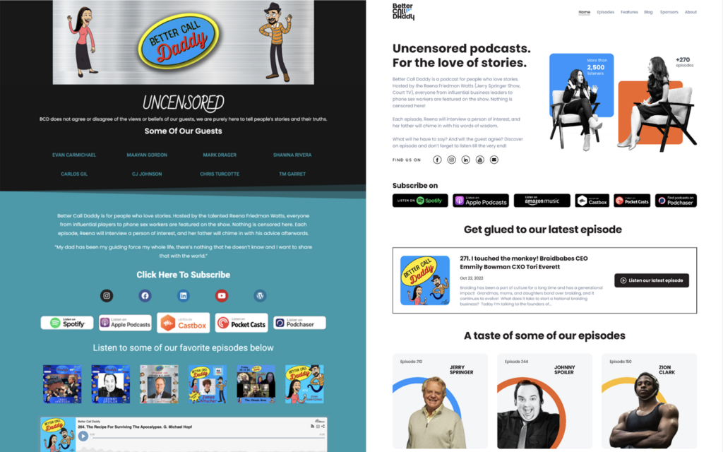 A side by side comparison of before and after website designs