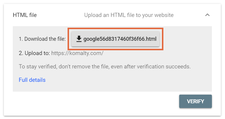 HTML file upload verification popup from Google Search Console