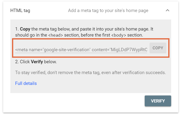 The HTML tag verification options from Google Search Console