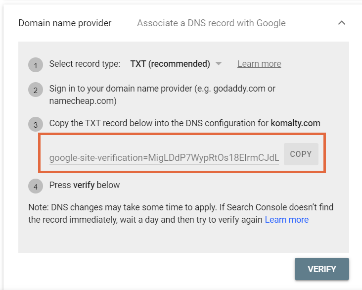 The Domain name provider verification settings in Google Search Console