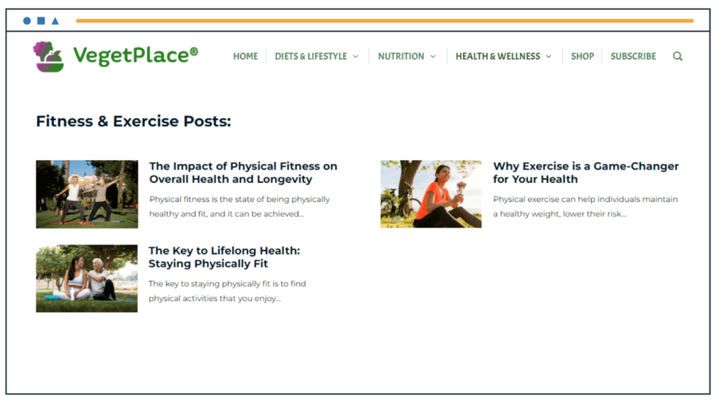The Fitness and Exercise section of the VegetPlace website