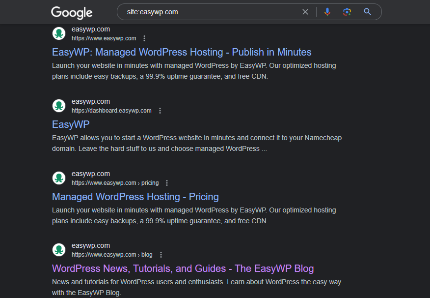 A Google search engine results page with results for EasyWP