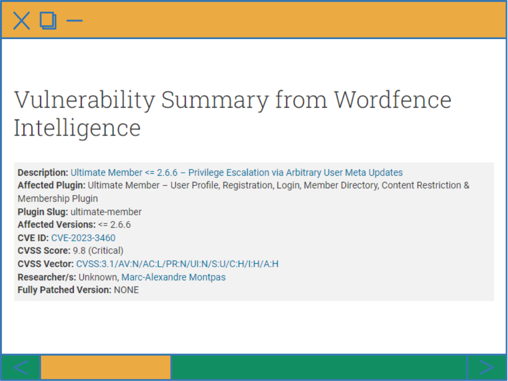 A screenshot from Wordfence related to a vulnerability. 