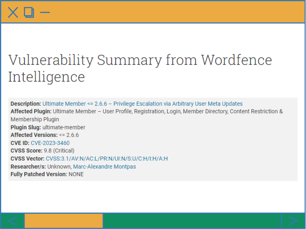 A screenshot from Wordfence related to a vulnerability.