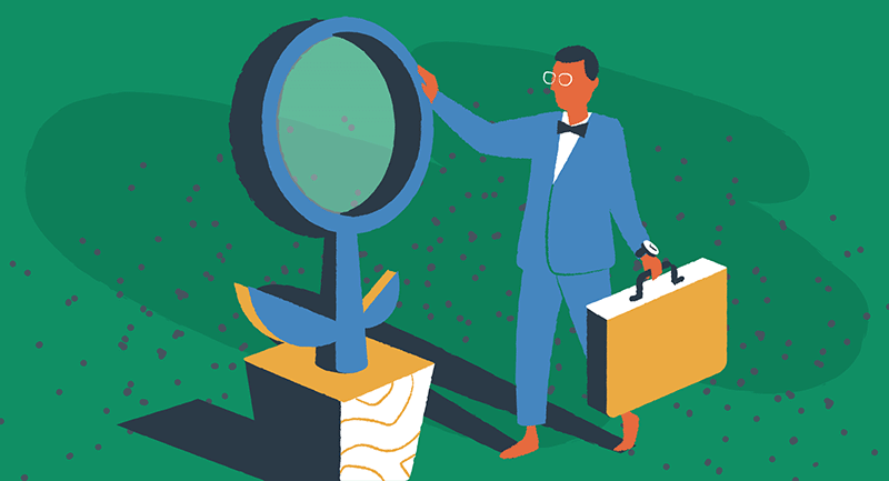 A lawyer looks at a magnifying glass.
