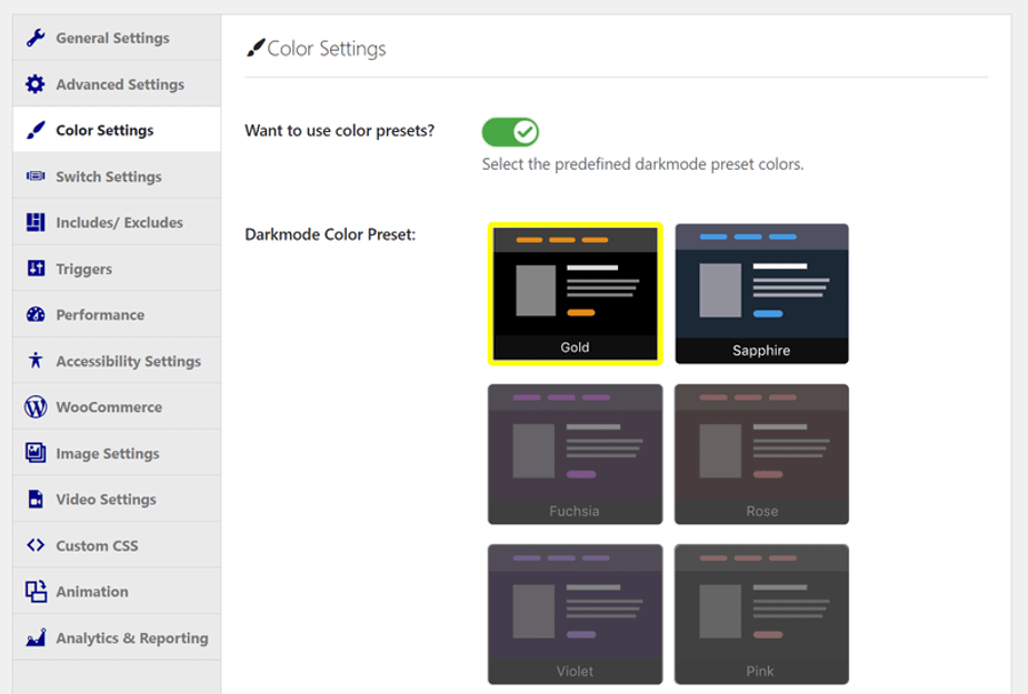 Color settings in WordPress.