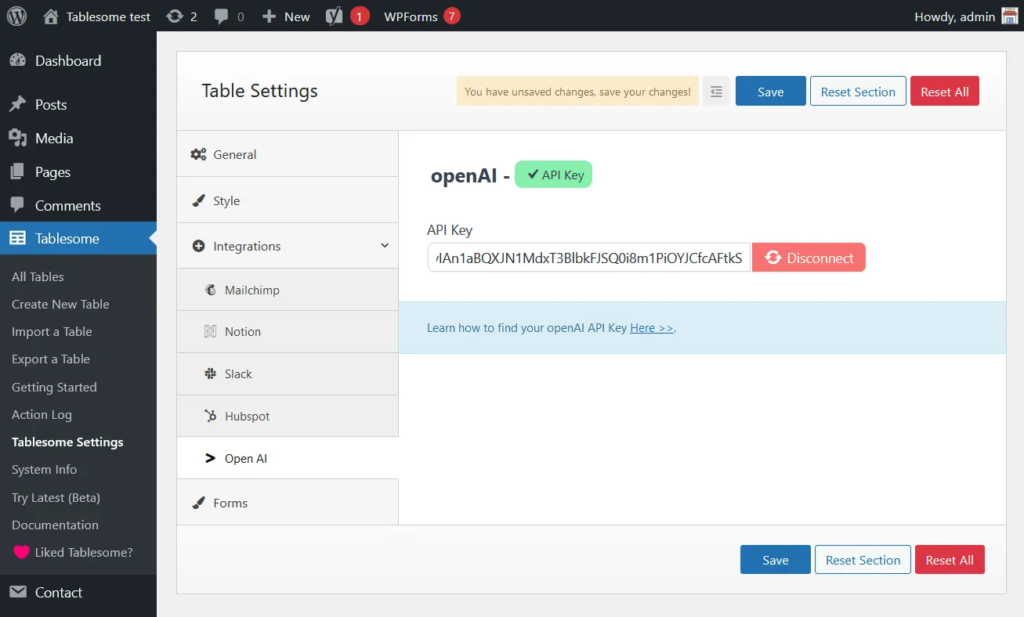 Table settings from the OpenAI WordPress plugin. 