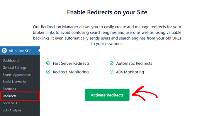 The enable redirects option in AIOSEO
