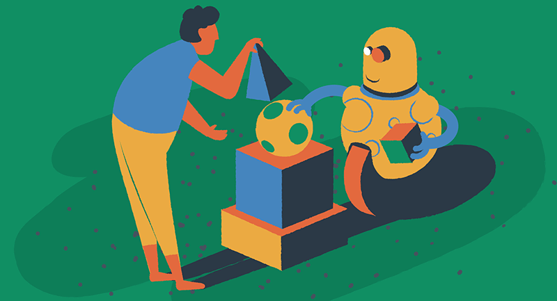 A man and a robot play a game with a cone and a ball. 

