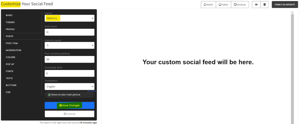 Custom social feed settings in SociableKIT