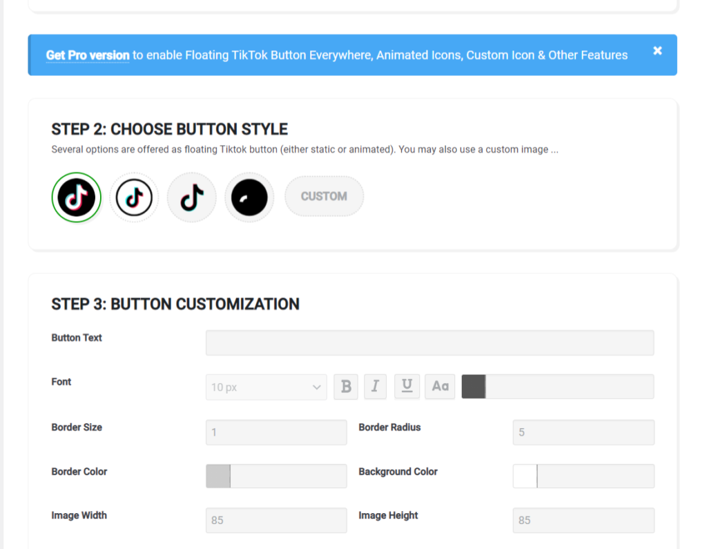 Settings available in the Floating TikTok button plugin for WordPress

