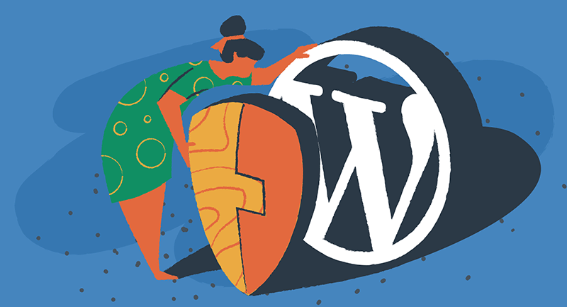 A woman stands next to a security shield and the WordPress logo.