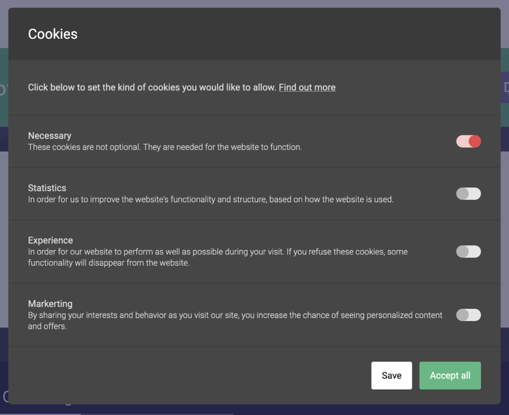The Cookies settings from inside the Cookies and Content Security Policy settings.