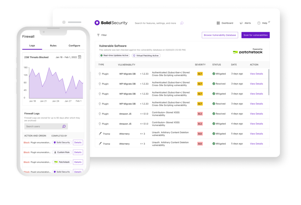 A dashboard from the iThemes Security and SolidSecurity tools.