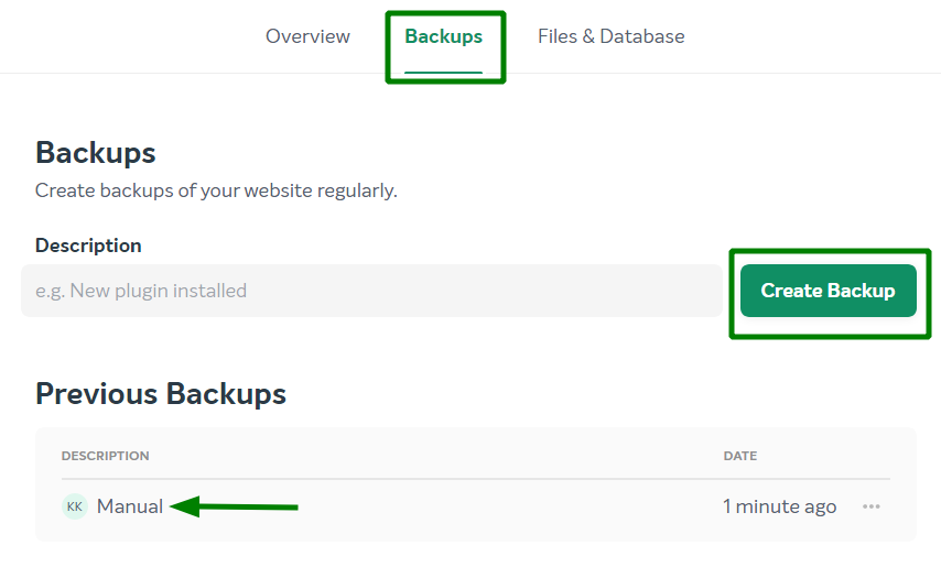 A Backups dashboard from EasyWP